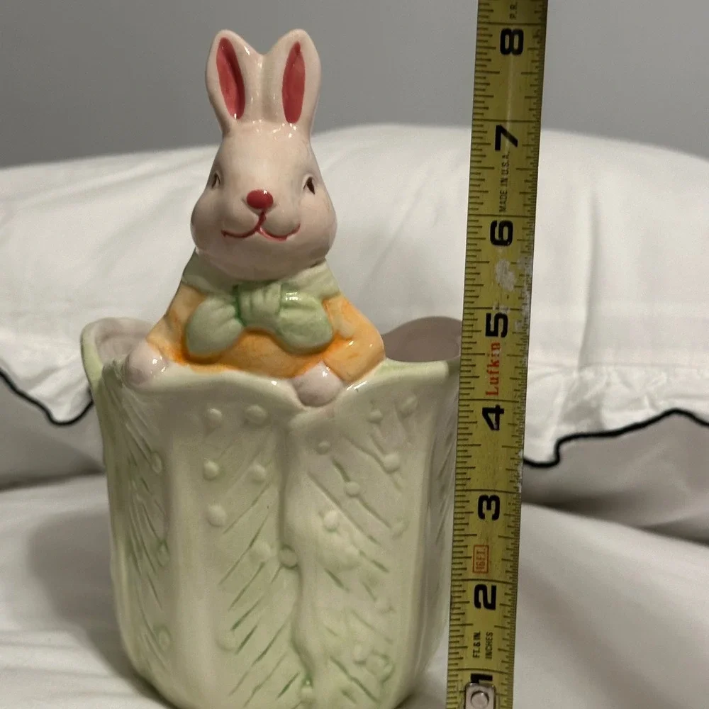 Bloomrite Bunny Rabbit Cabbage Planter Easter Decor Green White 6.5in 
 Glazed - Picture 8 of 9